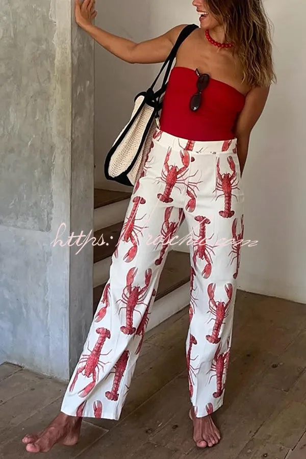 Fun Vacation Lobster Print High Rise Straight Pants