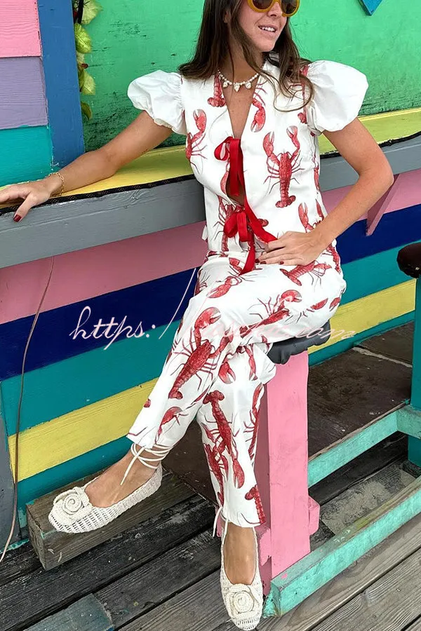 Fun Vacation Lobster Print High Rise Straight Pants