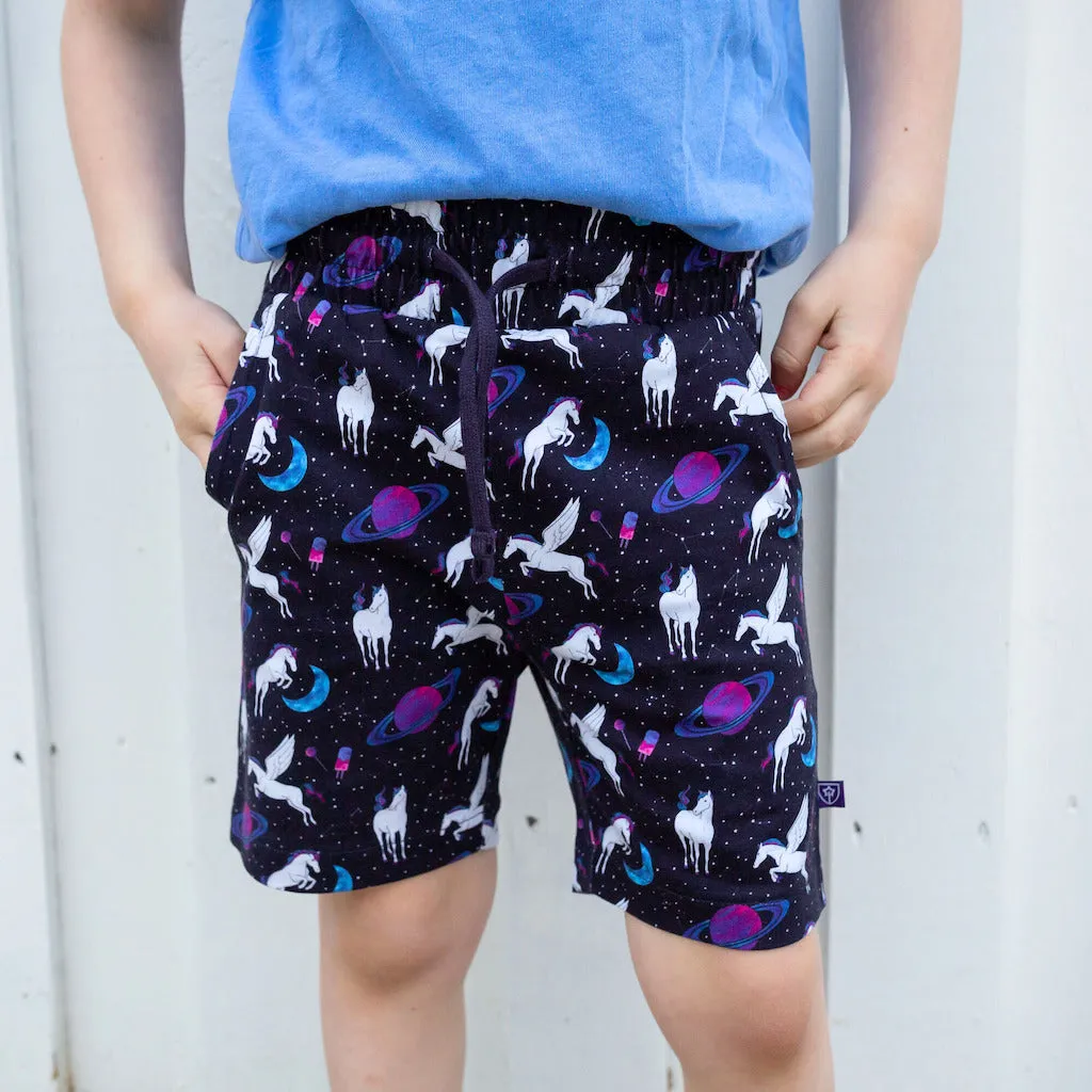 "Horsing Around" Space Unicorns Drawstring Shorts with Pockets