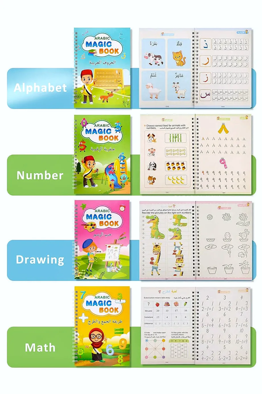 Set of 4 Arabic Copybooks For Tracing & Practicing Alphabet, Numbers, Drawings, & Math Solving  Copybook With Erasable Pens