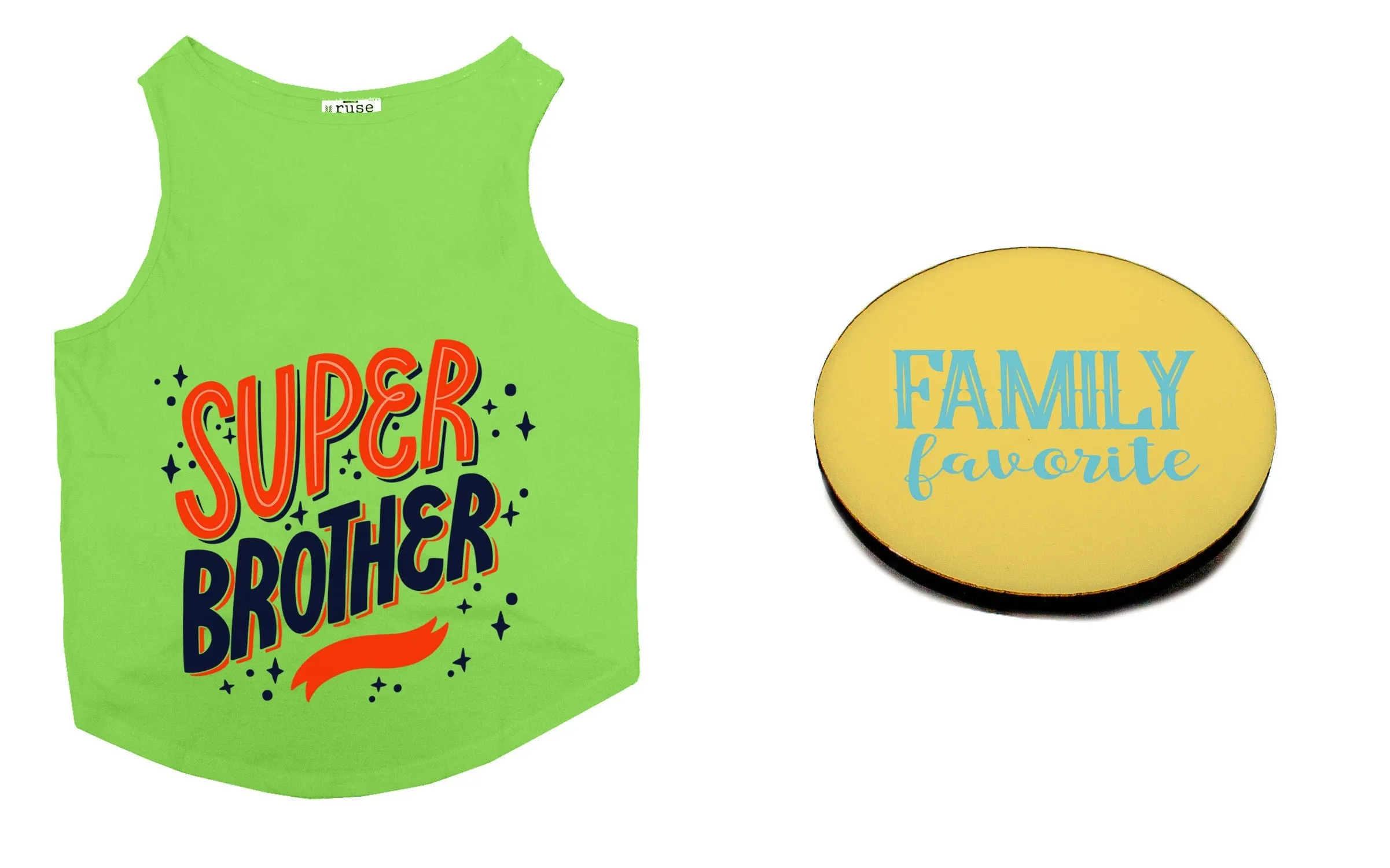 Set Of Dog Tee with Rakhi "Super Brother & Family Favorite" Printed Vest & Fridge Magnet Rakhi Gift For Bro/Boys Dogs